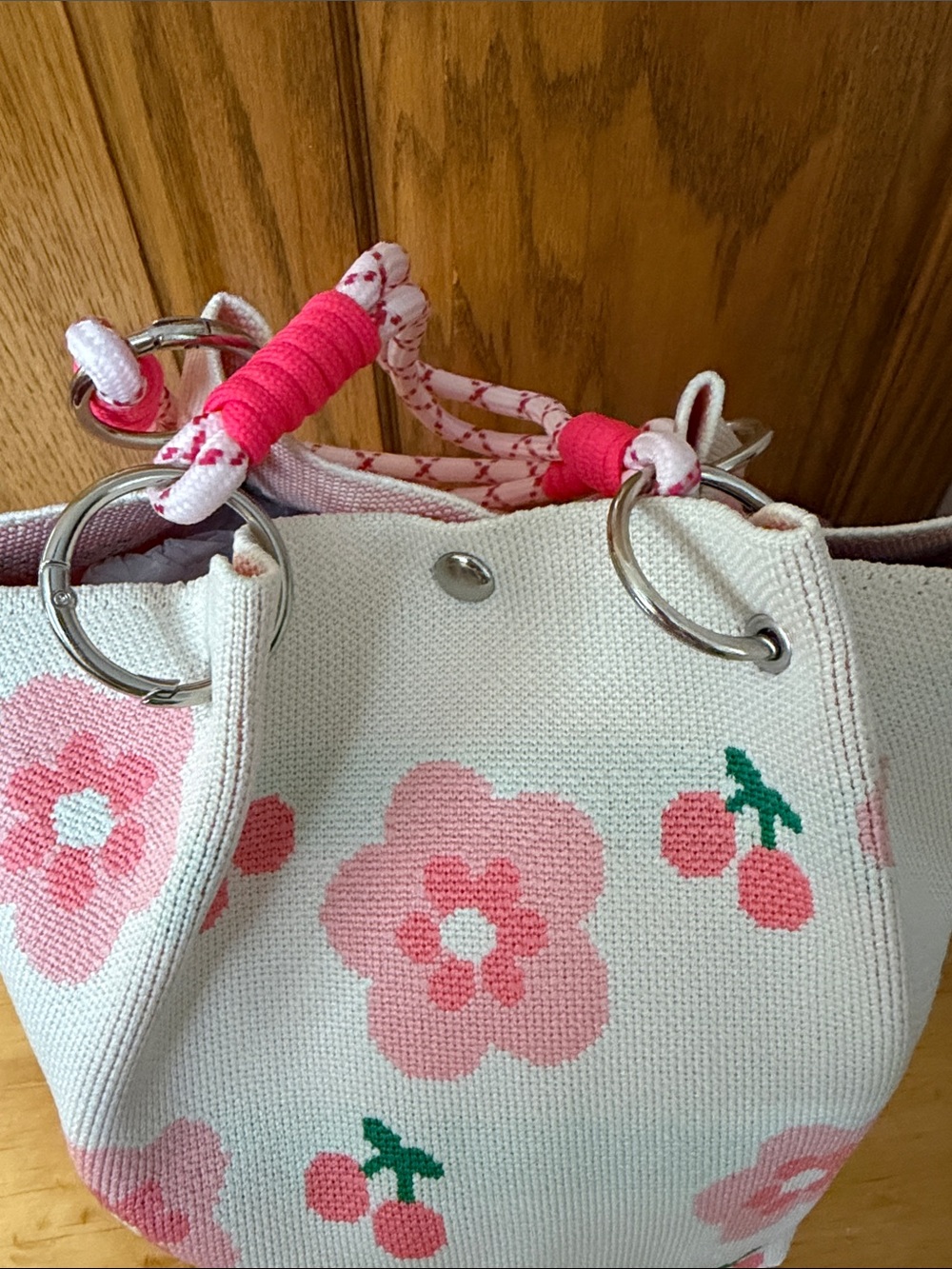 Floral Pink Canvas Bucket Tote Bag with Pink Rope Handles NWOT - Picture 4 of 5